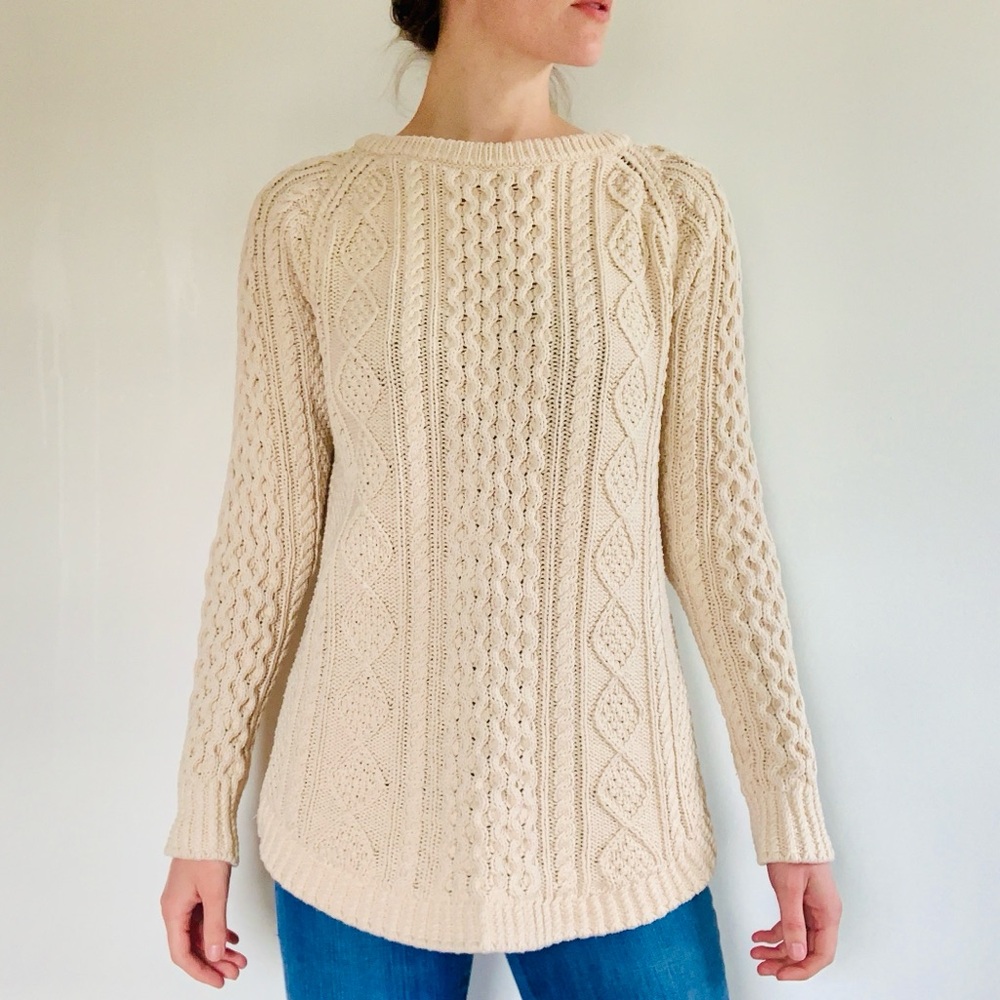 LL Bean Signature Sweater Womens S Cream Fisherman Cable Knit Side Zipper Tunic